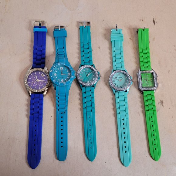 Geneva Watch Lot of 5 Blue Green Silicone Bands Untested No Batteries For Parts - Picture 1 of 15